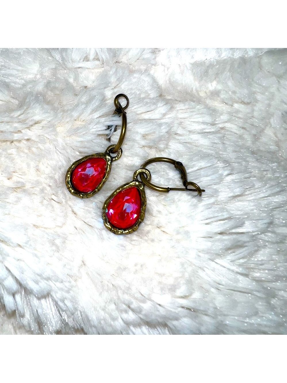 Deep Pink Teardrop Earrings Gold Hammered Setting Lightweight Statement